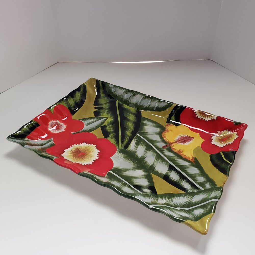 NWOT Ceramic Platter Plate Tray by Jay Import Painted Flower Large 18.5” X 13”